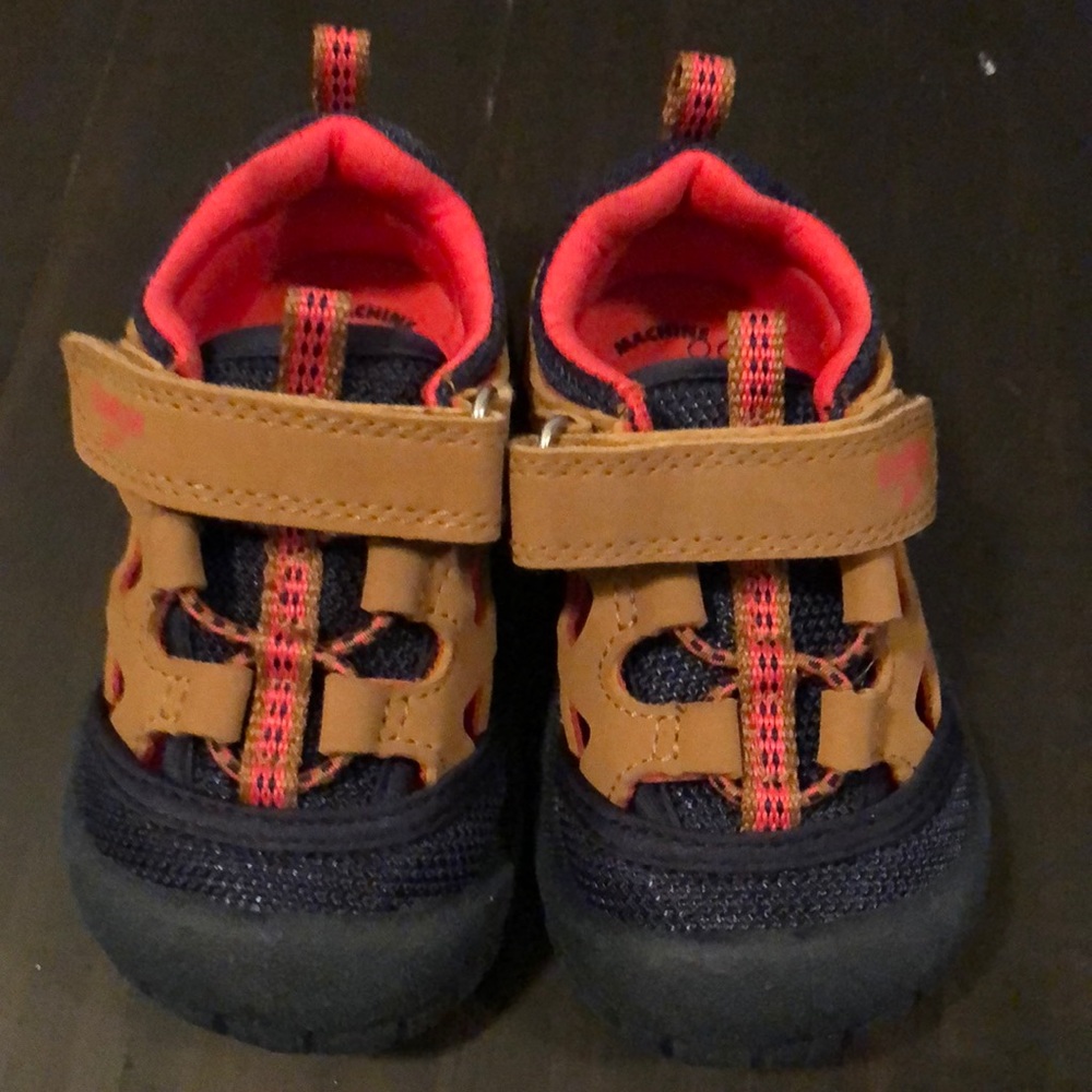 Baby boy size 4 tan, blue, and coral sandal